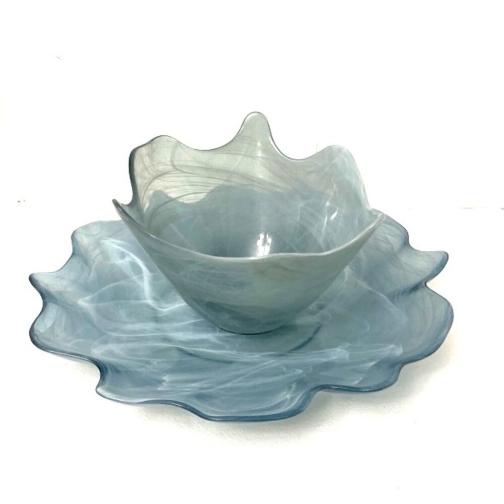 Recycled Glass Bowl & Platter Made in Spain Blue & White Swirl Organic Edge